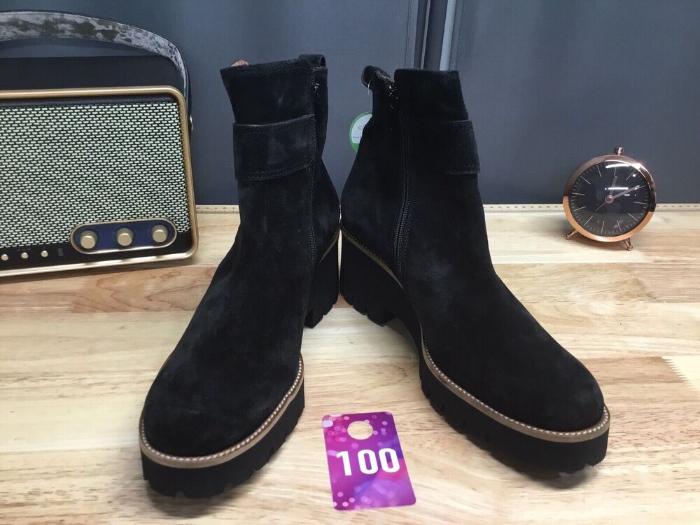 PAUL GREEN Jano Lug Sole Bootie In Black Suede Women Size 10.5 US / 8 UK NEW Zip